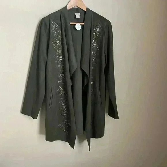 Chico’s Embroidered Faux-Suede Drape Jacket Green - Picture 1 of 11